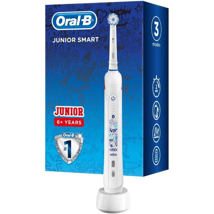 Розумна електрична зубна щітка Oral-B Junior для дітей віком від 6 років, 3 режими чищення та додаток Bluetooth для догляду за зубами, розроблений Braun, білий