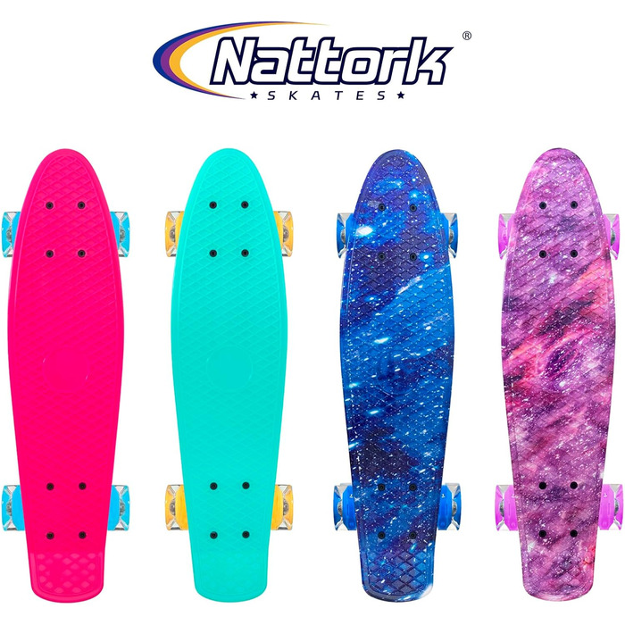 Скейтборд Nattork Mini Cruiser 22" Purple (Lila Stern) – ретро міні-круїзер з LED-підсвічуванням PU коліс, для дітей та початківців