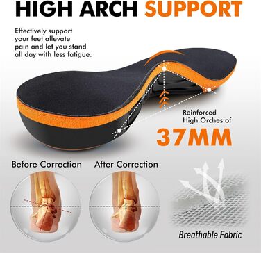 Ортопедичні устілки для чоловіків та жінок, устілки для підтримки склепіння стопи при плантарному фасціїті, п&39яткових шпорах, плоскостопості, болю в стопі, комфортні вкладиші з піни з пам&39яттю форми, розмір 45-47 EU, 30,5 см