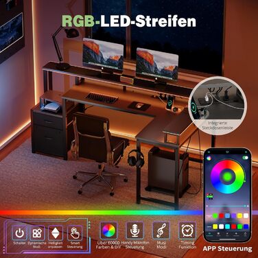 Кутовий письмовий стіл YOUDENOVA з шухлядами, L-подібний, 168x100 см, ігровий стіл зі світлодіодним підсвічуванням, комп&39ютерний стіл з розеткою та портом зарядки USB, офісний стіл, чорний, 168*100*88,5 см