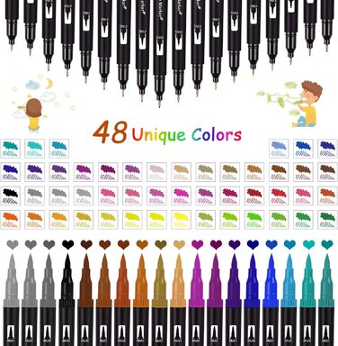 Фломастери Пензлик Brush Pen Fineliner, 48 кольорів Набір подвійних пензлів для дітей Дорослі розмальовки, Сімейний планувальник Ручні написи, Скрапбукінг, Акварельні фарби