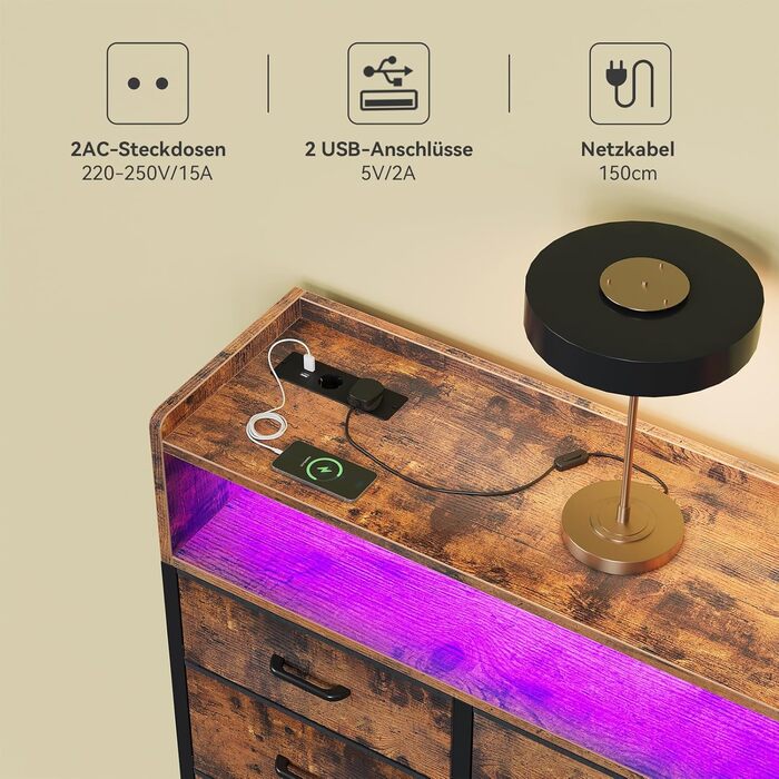 Комод ODK з висувними шухлядами, комод з 2 розетками, 2 USB-портами та 10 кольоровими світлодіодними стрічками, комод з полицею, стільниця з 9 тканинними шухлядами для спальні та вітальні, 130 * 30 * 97 см у ретро-стилі