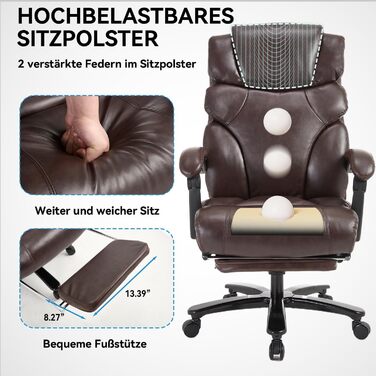 Велике та високе крісло керівника зі штучної шкіри, ергономічне офісне крісло 210 кг з підставкою для ніг, крісло для домашнього офісу з регульованою високою спинкою, обертове крісло з підголівником, комп&39ютерне крісло, коричневе