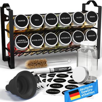 Підставка для спецій Deco haus, настінна та настінна З БАНКАМИ ДЛЯ СПЕЦІЙ ТА ЕТИКЕТКАМИ - Органайзер для спецій - Підставка для спецій, Підвісна система зберігання спецій, Банки для спецій з полицею, Чорний - Набір з 12 предметів