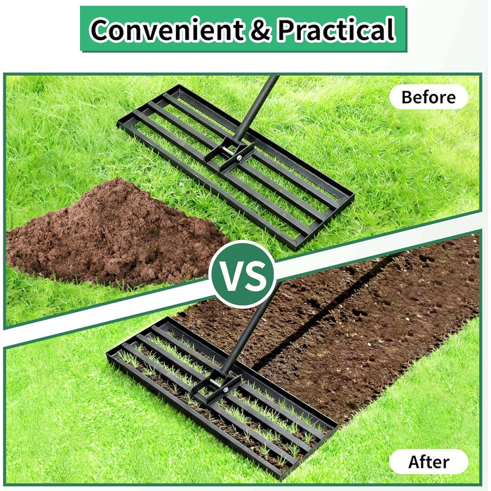 Гребінь для газону Rasen Rakel 75x25 см, міцний вирівнюючий грабель з ергономічною вигнутою ручкою (185 см), ідеально підходить для ґрунту, щебеню, добрив, саду, подвір'я та гольф-поля