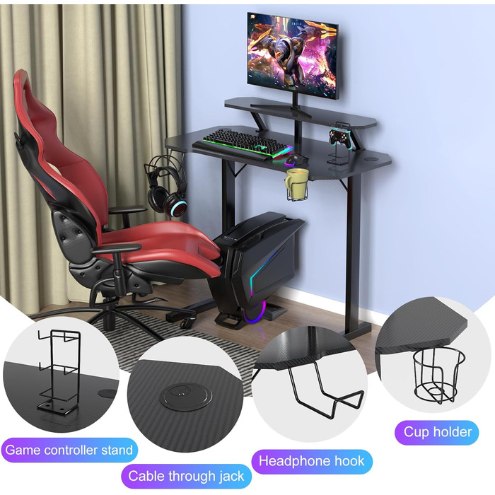 Ігровий стіл з підставкою для монітора, Т-подібний стіл, чорний, ергономічний комп&39ютерний стіл, покриття з вуглецевого волокна, ігровий ПК, тримач для напоїв, підставка для геймпада, тримач для навушників, 100x54x74 см