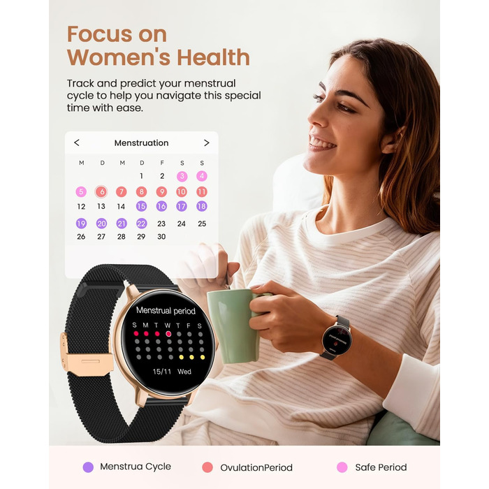 Жіночий круглий смарт-годинник, фітнес-годинник з функцією телефону, 24-годинний монітор серцевого ритму, відстеження SpO2, відстеження менструального циклу, понад 120 спортивних режимів, відстеження сну, водонепроникність IP68, крокомір, сумісний з iOS/A