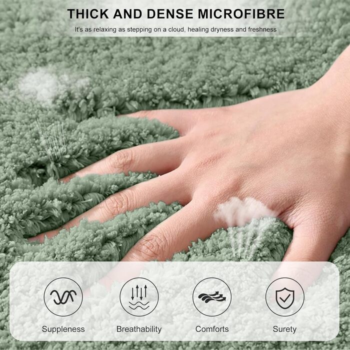 Набір із 3 нековзних килимків для ванної, мякі, водопоглинаючі, волохаті килимки для ванної з мікрофібри з високим ворсом, килимки для ванни, душу та ванної кімнати, які можна прати в пральній машині (зелені) 80 x 50 см (прямокутні)