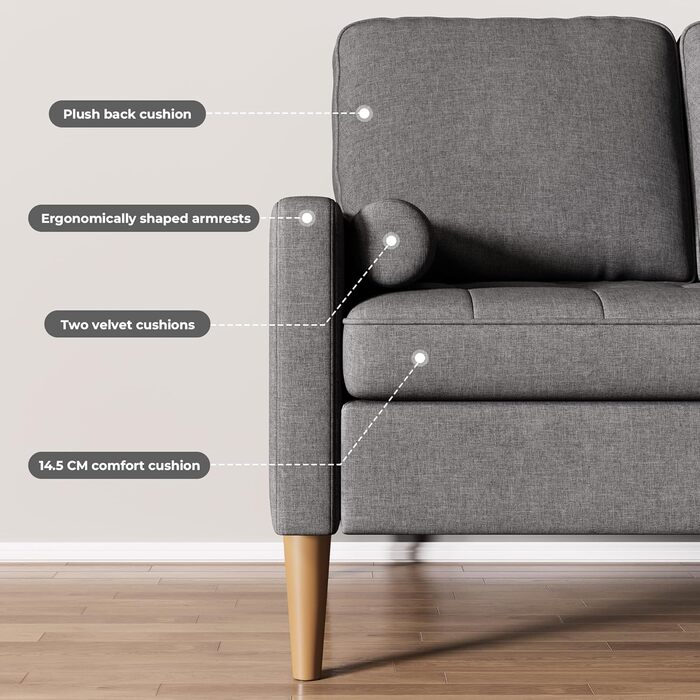 Місний диван, 2-місний диван, маленький диван з 2 декоративними подушками, міні-диван з підлокітниками, для вітальні, спальні, квартири, офісу, 121 x 77 x 87 см, темно-сірий, 2-