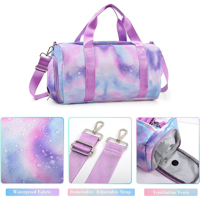Дитяча спортивна сумка, дорожня сумка з відділенням для взуття та відділенням для мокрих речей, сумка для плавання, дорожня сумка для дівчаток для гімнастики та плавання, мила барвиста сумка для танців з райдужним візерунком, спортивна сумка (фіолетова)