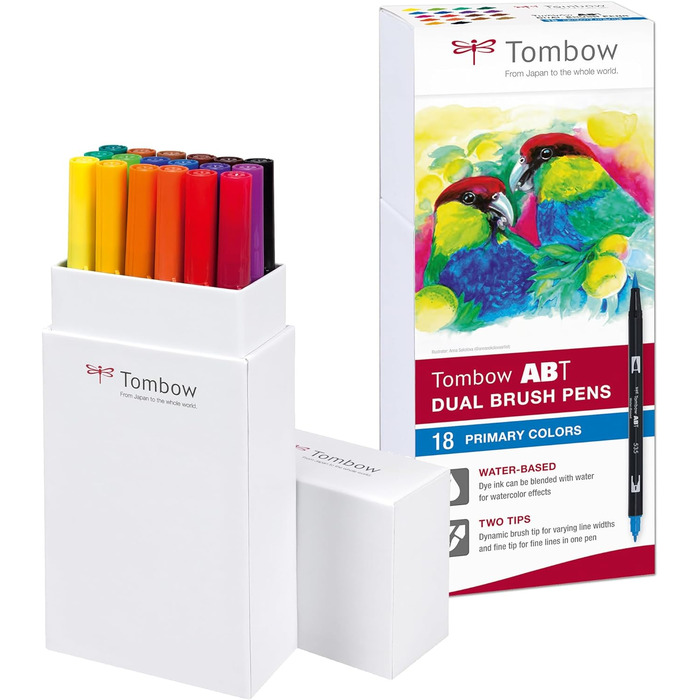 Ручка з двома щітками Tombow ABT-18P-1 Fiber Pen з двома наконечниками 18 шт. , основні кольори