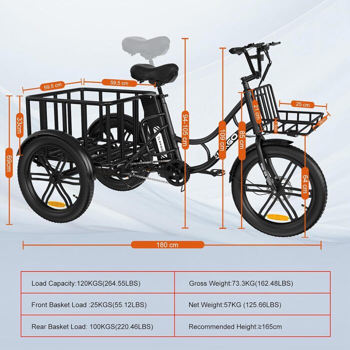 Дюймовий електричний триколісний велосипед, товсті шини задній багажник і фара, вантажний велосипед, 48V 18AH знімний акумулятор, вантажопідйомність 200 кг, пробіг 40-60 км чорний, 20-