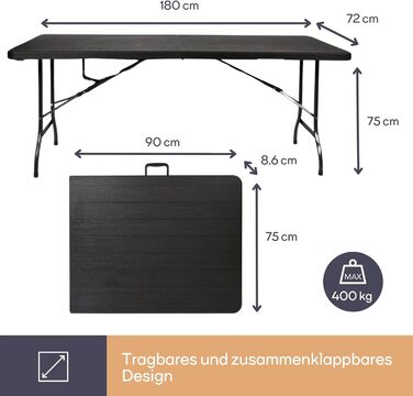 Складаний стіл Perel, фуршетний стіл, кемпінговий стіл, стіл для пікніка, чорний дерев&39яний вигляд, складаний та портативний з ручкою, стільниця з HDPE та сталевий каркас, 180 x 75 x 72 см, для використання в приміщенні та на вулиці