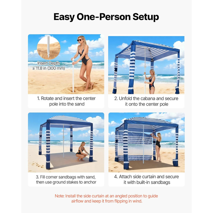 Пляжний навіс VEVOR, 2,4 x 2,4 м з бічною стінкою, сонцезахисний фактор UPF 50, кабіна з мішками з піском, регульований по висоті портативний сонцезахисний навіс для сімей, темно-сині смужки