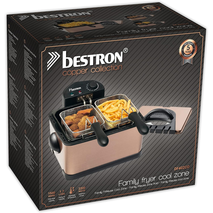 Олійна фритюрниця Bestron XL з 3 кошиками для смаження, включаючи технологію холодної зони та знімний контейнер для олії, 4 літри, можна мити в посудомийній машині, 2000 Вт, нержавіюча сталь, колір мідь
