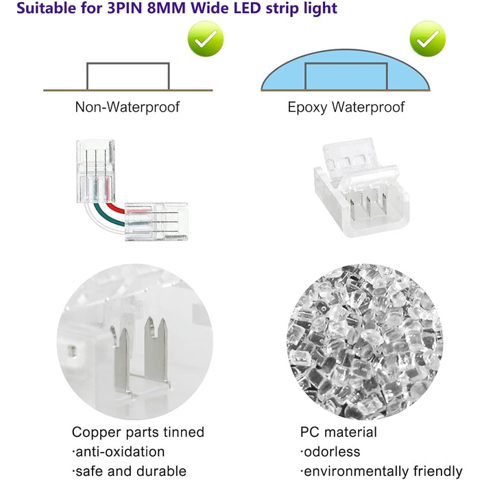 Світлодіодні роз'єми SUNLINA, 4 x 3-контактні L-подібні кутові роз'єми, 8 x з'єднувачі від смуги до стрічки для 8 мм водонепроникних або неводонепроникних світлодіодних стрічок WS2812 WS2811