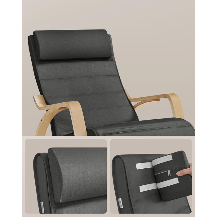 Крісло-гойдалка SONGMICS з підлокітниками з березового дерева, крісло-гойдалка, регульована підставка для ніг у 5 положеннях, вантажопідйомність до 150 кг, для спальні, вітальні, темно-сірий-натуральний LYY10G сірий бавовна-поліестер