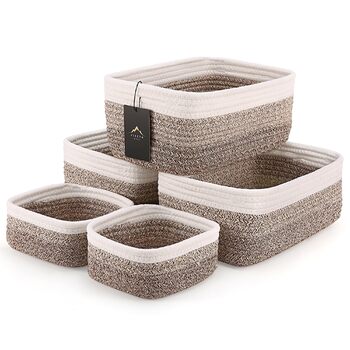 Невеликі кошики для зберігання з плетеної мотузки, 2 розміри, органайзер для шафи, полиці, книжкової полиці, дитячої кімнати, пеленального столика, тканинні коробки-кубики, прямокутні плоскі контейнери для ванної кімнати