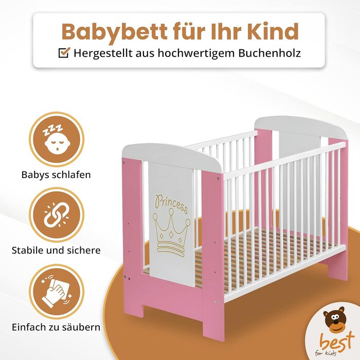 Комплект дитячого ліжечка Best For Kids у 3 кольорах Ліжечко, дитяче ліжечко з матрацом з пінопласту 10 см, сертифіковане TV - Ліж