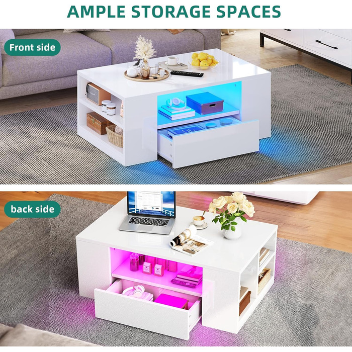 Білий журнальний столик YITAHOME, глянцевий стіл для вітальні з 16-кольоровим світлодіодним підсвічуванням, сучасний бічний столик з відкритою полицею та 2 висувними шухлядами, 95 x 55 x 37 см