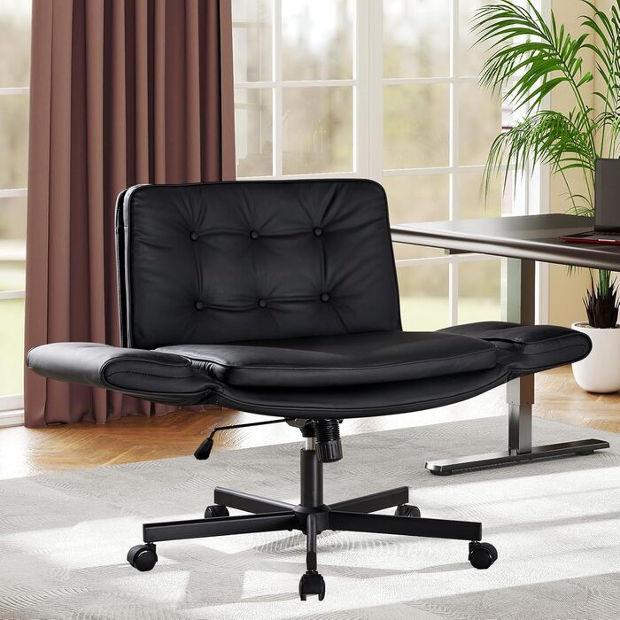 Ергономічне офісне крісло з 5-позиційними регульованими підлокітниками, робоче крісло з широкою подушкою сидіння, сидіння зі штучної шкіри зі схрещеними ніжками та функцією нахилу, обертове крісло з регулюванням висоти, чорне