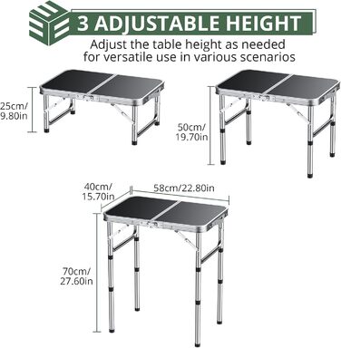 Складаний кемпінговий стіл EYPINS, регульована висота, портативний кемпінговий стіл, маленький складний стіл (58x40 см у 3 рівнях висоти) - чорно-сріблястий, алюмінієвий каркас - для кемпінгу, саду, пікніка та використання на свіжому повітрі, стільниця з 