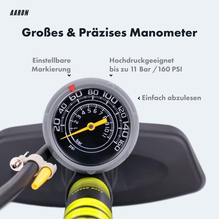Велосипедний насос AARON Sport One з манометром, 42 см, 11 бар / 160 psi, сталь/алюміній/пластик, жовтий