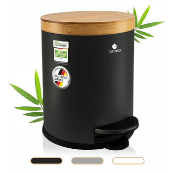 Відро для сміття для ванної Exitoso 5 л чорне - косметичне відро з бамбуковою дерев'яною кришкою та механізмом плавного закриття -