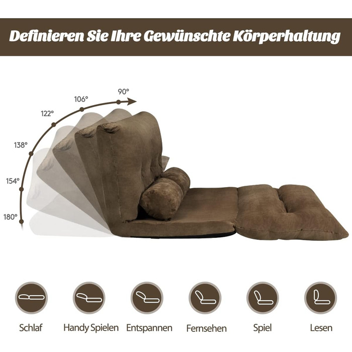Розкладний диван-ліжко COSTWAY, розкладний, регульоване крісло з 6 положеннями, сидіння з 2 подушками, подушка на сидіння зі спинкою, м&39який розкладний диван-ліжко для спальні-вітальні (коричневий)