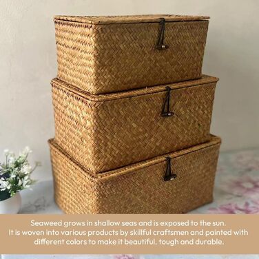 Ротанговий кошик з кришкою, кошик для зберігання з 3 предметів з натуральної морської трави, багатофункціональний кошик для зберігання, плетені полиці-кошики (B)