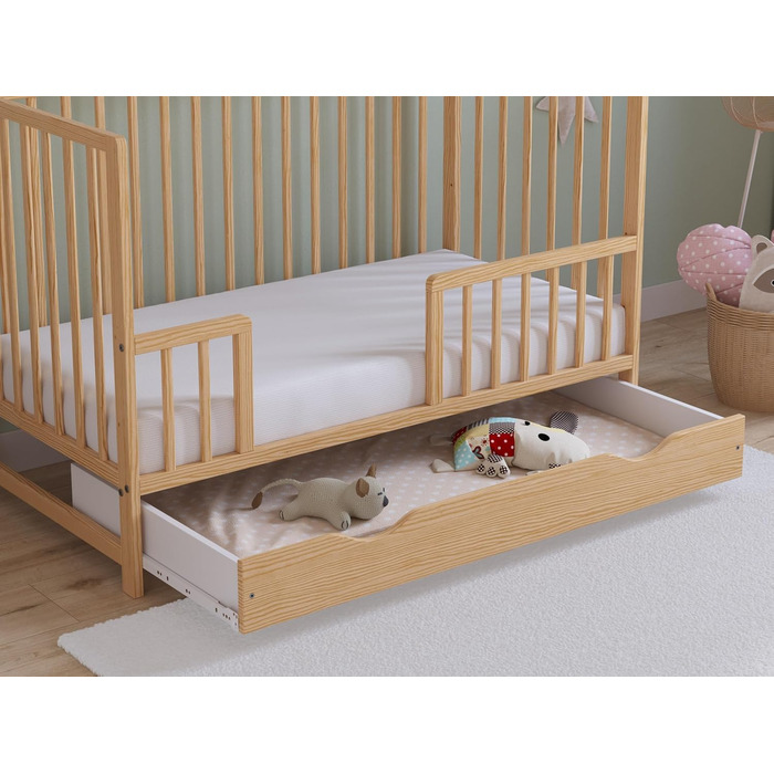 Дитяче ліжко Love For Sleep Asher 120x60 см з матрацом з стьобаної мікрофібри Дитяче ліжко, яке можна трансформувати в юніорське ліжко з великою шухлядою та захистом від падіння, натуральна сосна