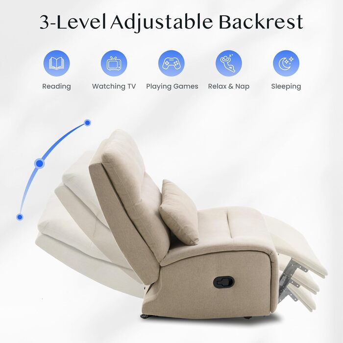 Крісло-гойдалка FLEXISPOT з 3-позиційним регулюванням відкидання, крісло для телевізора, крісло-гойдалка, подушка та бічна кишеня, ідеально підходить для сім&39ї та відпочинку, колір HomeEase Beige Oat Beige