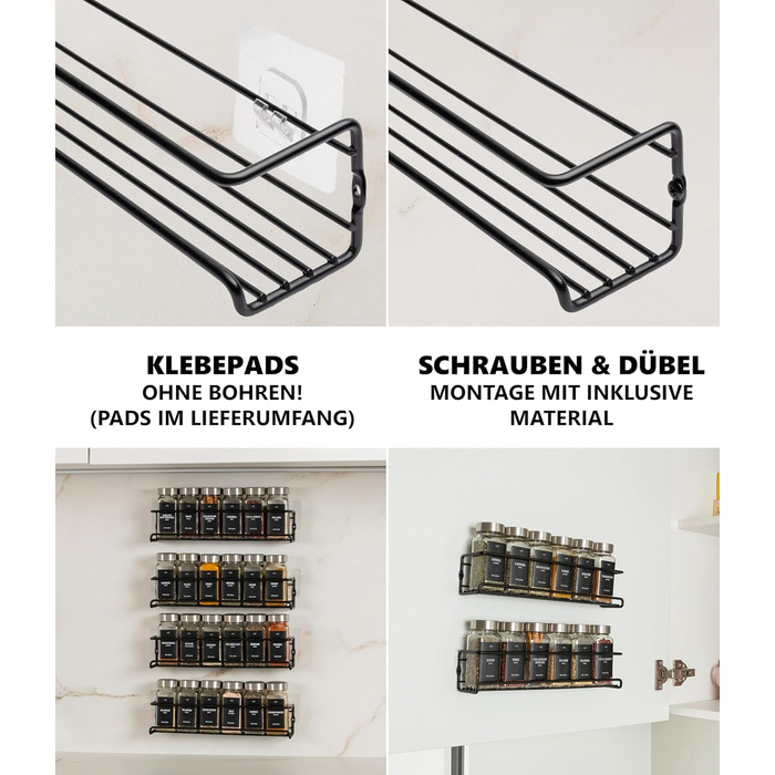 Настінна підставка для спецій Deco haus (свердління не потрібне) З 24 БАНКАМИ ДЛЯ СПЕЦІЙ ТА ЕТИКЕТКАМИ - Підвісна підставка для спецій, комплект з 4 шт. - Чорний тримач для спецій (свердління не потрібне) - Органайзер для спецій - Кришки з нержавіючої ста