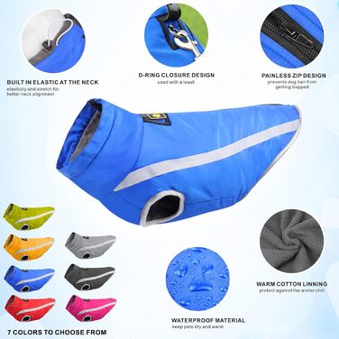 Водонепроникне пальто для собак, тепла зимова куртка, вітрозахисний одяг для домашніх тварин, флісова куртка-комбінезон для собак маленьких, середніх та великих собак, жилет з отвором для шлейки, XL-6XL (Синій, XL) Синій XL