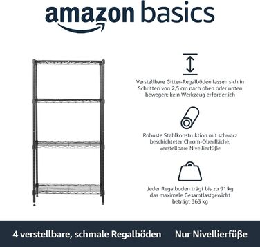 Вузька шафа для зберігання Storeo Basics з 4 полицями, регульованими по висоті полицями та ніжками, максимальна вага 363 кг, чорна, 34 см x 58,9 см x 121,9 см (Г x Ш x В) 4 полиці чорного кольору 34 Д x 58,9 Ш x 121,9 см