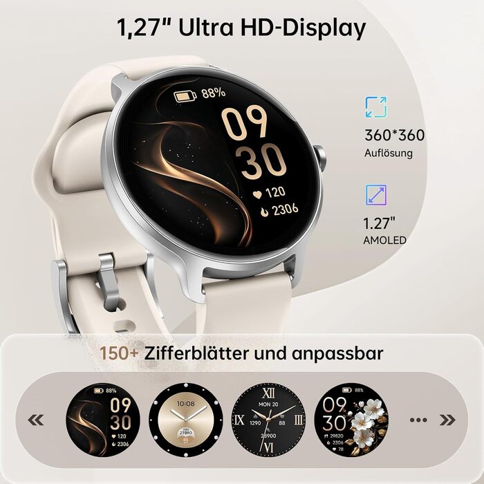 Розумний годинник для чоловіків та жінок, круглий, 1,27-дюймовий AMOLED-розумний годинник з функцією телефону, фітнес-годинник з монітором серцевого ритму, монітором SpO2, монітором сну, крокоміром, 120 спортивних режимів, водонепроникний IP68, сумісний з