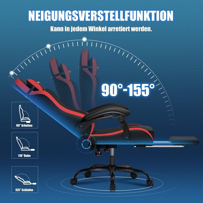 Ігрове крісло GTPLAYER, офісне крісло, геймерське крісло, ергономічне ігрове крісло з підставкою для ніг, крісло для ПК зі штучної шкіри з розширеною спинкою, вантажопідйомність 150 кг, червоне