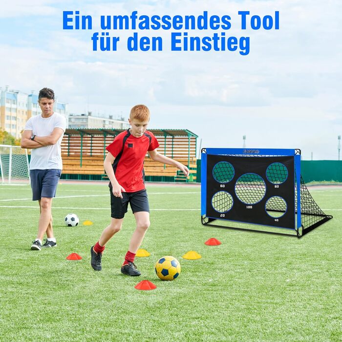 Футбольні ворота, стіна-мішень для дітей, вуличні футбольні ворота для дітей зі стіною-мішенню, висувні ворота 3-в-1 з 5 лунками для стрільби та сумкою для перенесення, кілки для землі, 3 мішені та 6 перешкод, сині
