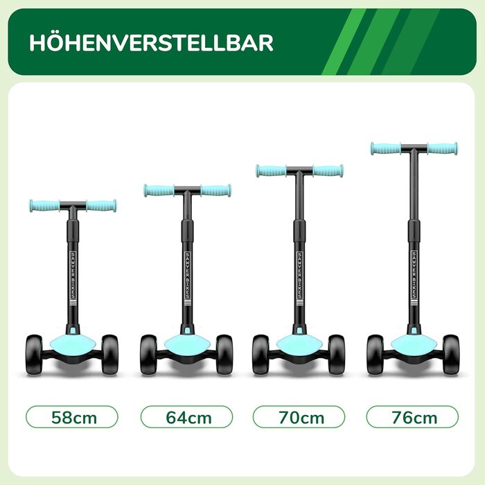 Регульований самокат на 3 світлодіодних колесах - діти від 2 до 8 років м'ятний