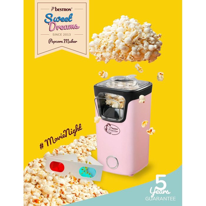 Виробник попкорну Bestron, турбо-попкорн менш ніж за 2 хвилини, машина для приготування попкорну з технологією гарячого повітря, включаючи 10 пакетиків для попкорну та вбудовану мірну чашку, колекція Sweet Dreams, колір рожевий