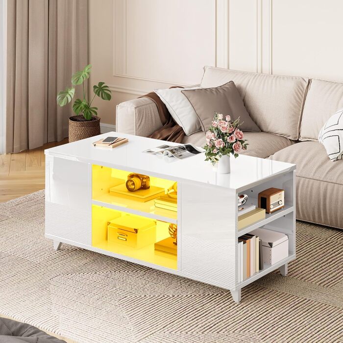 Журнальний столик YITAHOME, білий глянцевий, сучасний стіл для вітальні з 16-кольоровим світлодіодним підсвічуванням, журнальний столик біля дивана з регульованою полицею, 97,5 x 48 x 45 см, білий, без шухляд