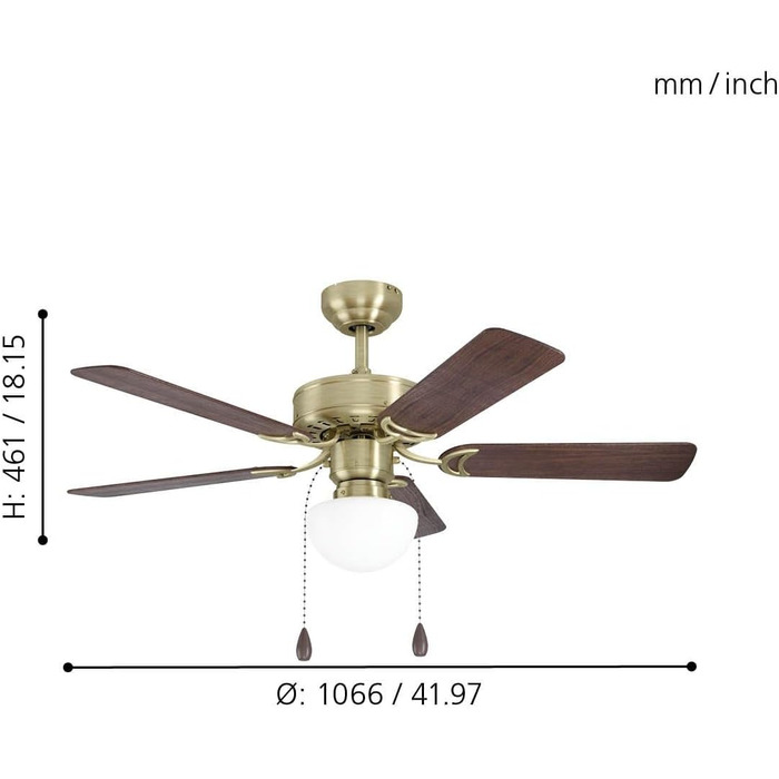 Стельовий вентилятор EGLO CADIZ, 5-лопатевий вентилятор з підсвічуванням, тяговий ланцюг, реверсивні лопаті МДФ з горіха або дуба, корпус із полірованої сталі, літо-зима, двигун змінного струму, Ø 106,6 см