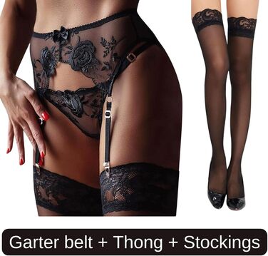 Жіночий сексуальний мереживний комплект панчіх та пояса для панчіх, комплект білизни з прозорої сітки з 4 металевими затискачами, регульовані колготки в сітку, пояс для панчіх стрінги панчохи з 3 предметів, розмір M, чорний