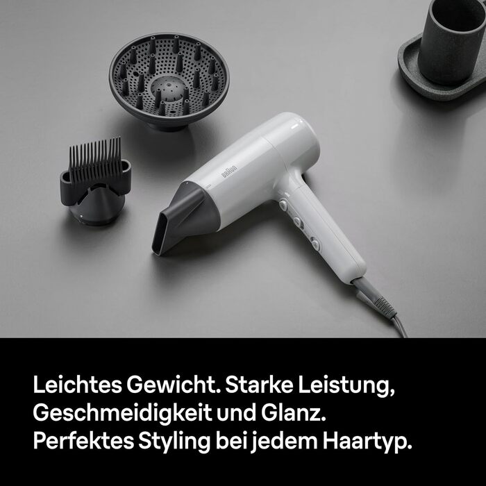 Фен Braun HD2.35 Styling Set легкий фен з дифузором, гребінцем-вирівнювачем та стилізуючою насадкою для всіх типів волосся, технологія IONTEC, 2200 Вт, 3 температури та 2 швидкості, сірий, BRHD235E