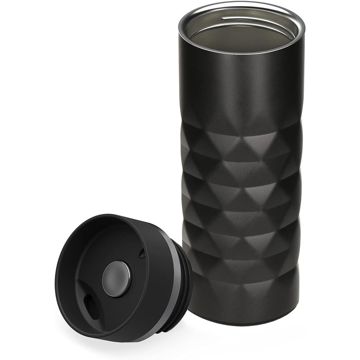 Термокружка Elasto Premium з нержавіючої сталі з кнопкою 450 мл Герметична кришка Гаряча та холодна Без BPA Термокружка для кави з собою з діамантами Матовий блиск Чорний онікс