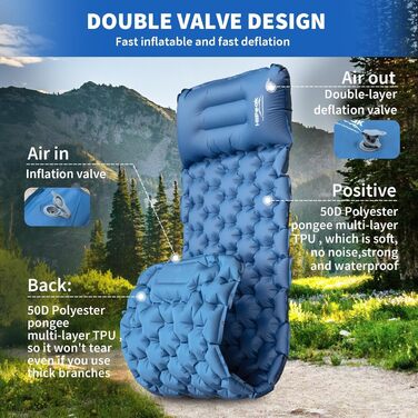 Надувний матрац HiiPeak з високим поглинанням та вбудованою подушкою, килимок для кемпінгу на відкритому повітрі, килимок для сну, невеликий розмір упаковки з ножним насосом, надувний килимок з повітряними камерами, синій