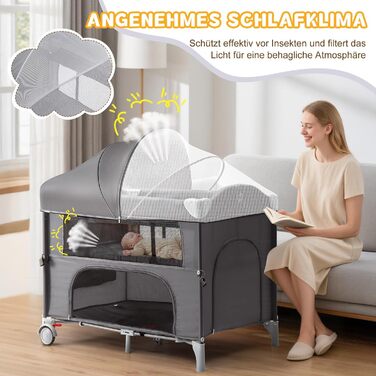 Приліжкове ліжечко 5-в-1, дорожнє ліжечко, дитяче ліжечко з пеленальною підкладкою, містким кошиком для зберігання, москітною сіткою, ігровою аркою та дорожньою сумкою для новонароджених та малюків (сірий колір)