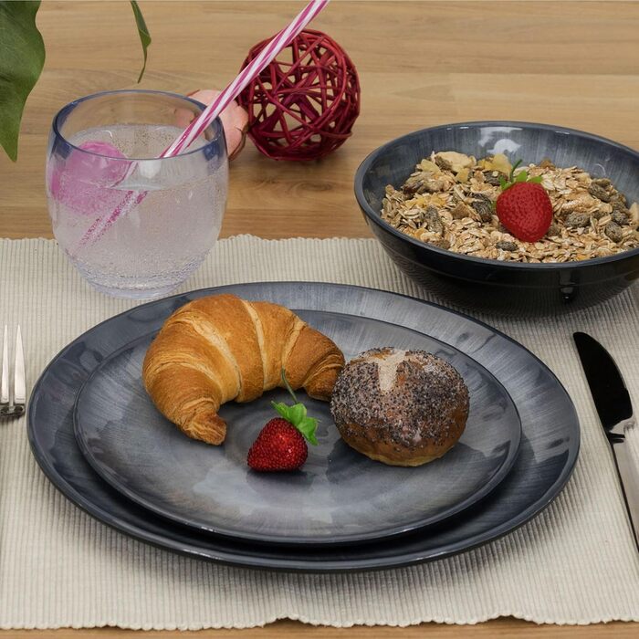 Набір меламінового посуду Jesolo Grey для 2 осіб, вигляд кераміки, можна мити в посудомийній машині, аксесуари для кемпінгу, каравану, фестивалю, пікніка, садової вечірки, 8 предметів - прозорий стакан для напоїв 400 мл