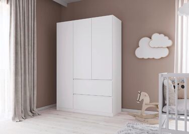 Меблі Rauch Costa, шафа для спальні, дитячої кімнати, кімнати немовляти, кімнати підлітка, передпокою, 3-дверна шафа з 2 шухлядами, механізм відкривання натиском, білий, ширина 136 см, без дзеркала, альпійський білий білий профіль ручки, 54 x 136 x 197 см