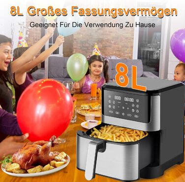 Аерофритюрниця PRIJESSE XXL 8 літрів Аерофритюрниця Цифрова фритюрниця 10-в-1 Розумна фритюрниця Духова шафа без масла з цифровим світлодіодним сенсорним екраном Можна мити в посудомийній машині 1500 Вт Чорний